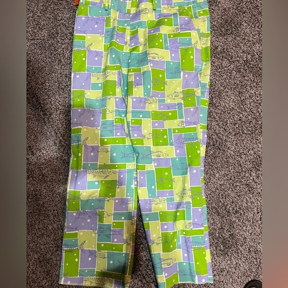 Vtg white Label Lilly Pulitzer Patchwork Go fish  Print Cropped Pants Size 10 - Picture 1 of 2